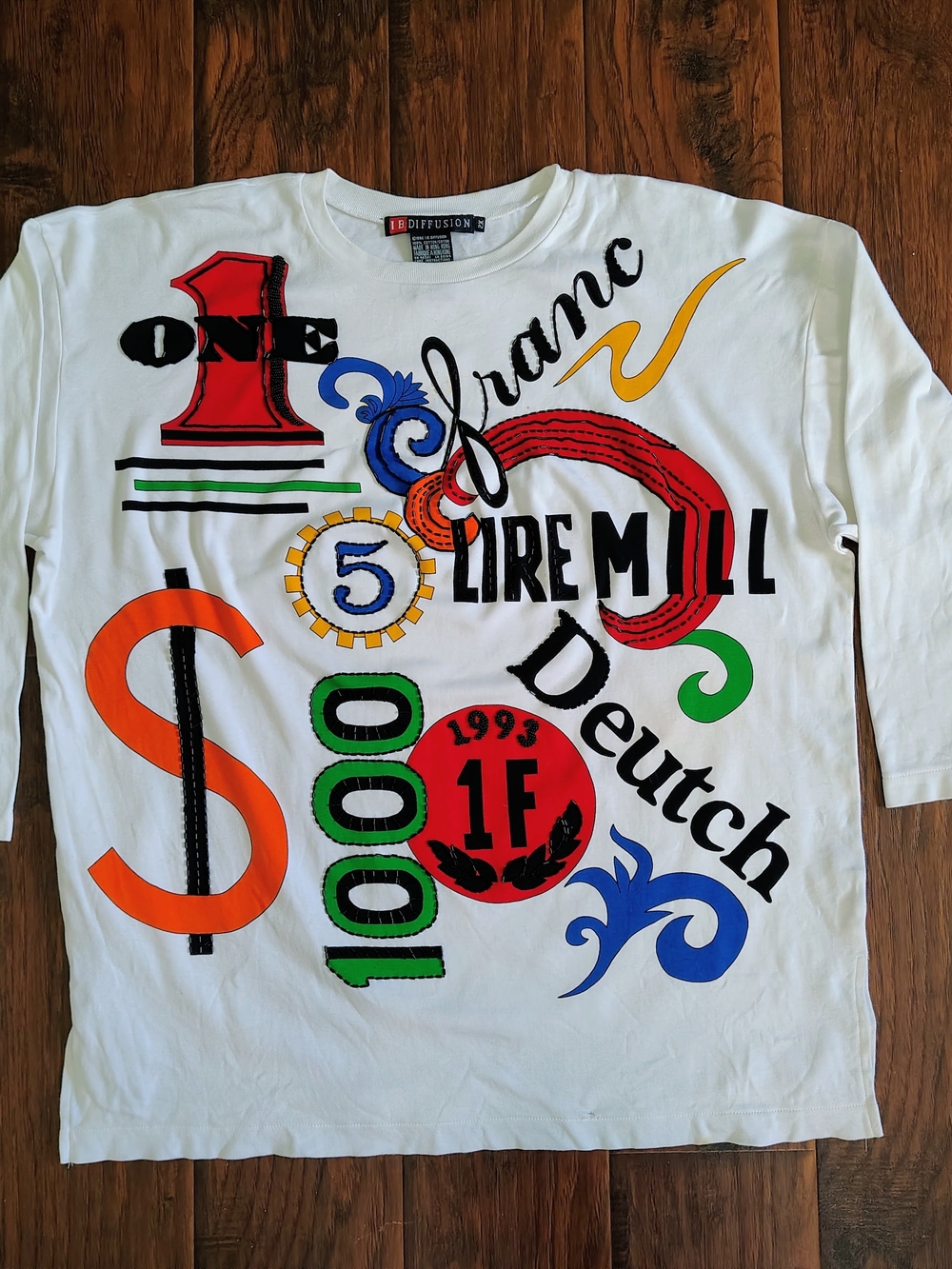 Vintage 90s Diffusion colorful beaded currency themed long sleeve shirt Size 2X